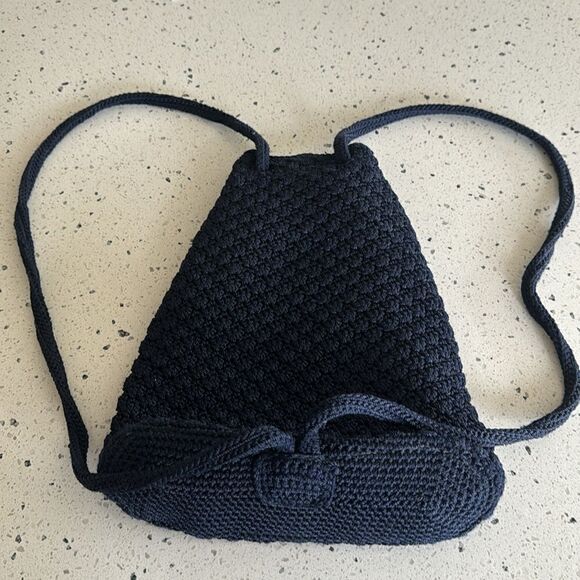 The Sak Crochet Navy Blue Backpack Drawstring Shoulder Bag Handmade EUC main image 10